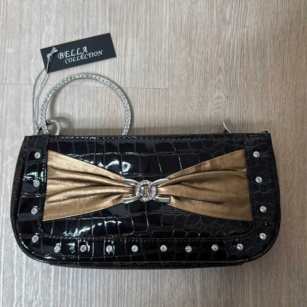 Brown and Gold Croc-Embossed Clutch